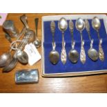 Silver snuff box, silver teaspoons, etc.