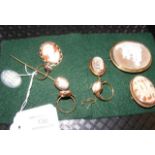 A selection of Cameo jewellery, including brooches
