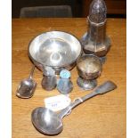 Silver ladle, bowl, sugar shaker