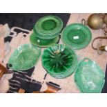 Large selection of majolica green leaf dishes