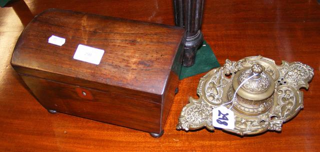 A dome top tea caddy, together with a brass inksta