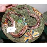 A Caldas Palissy style insect and snake encrusted plate - 24cm diameter