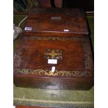 Brass inlaid rosewood work box, together with one