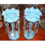 A pair of Victorian 24cm high blue lustres