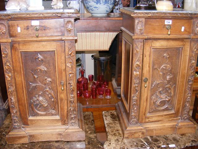 Pair of antique French bedside cupboards with marb