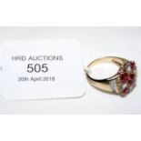 A 9ct yellow gold ruby and aquamarine cluster ring - Size M