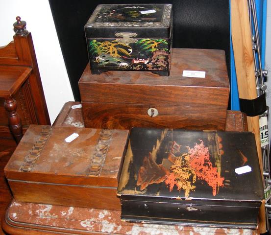 Rosewood tea caddy, together with other boxes