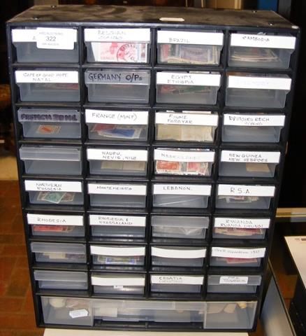 A 33 drawer plastic cabinet containing a quantity