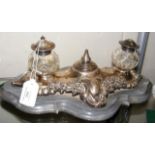 A Dutch silver inkstand on marble plinth - 35cm lo