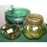 Iridescent glass bowl, together with two other pie