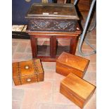 An oak box with hinged lid, tea caddies, etc.