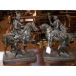 A pair of old 30cm high spelter warriors on horseb