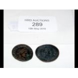 Two Roman coins with paperwork