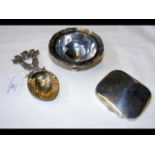 A silver cigarette case, bowl and decorative spoon