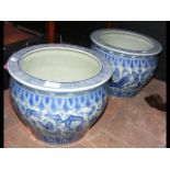 Pair of blue and white jardinieres