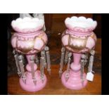 A pair of 33cm high Victorian pink glass lustres