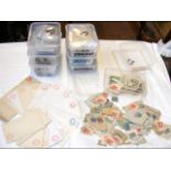 Eight plastic containers with collectable stamps r