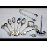 Silver teaspoons, tongs, etc.