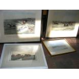 Three horse racing prints, together with two other