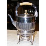 Silver half fluted spirit kettle on stand, complet
