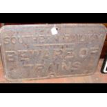 Cast metal Southern Railway sign "Beware of Trains