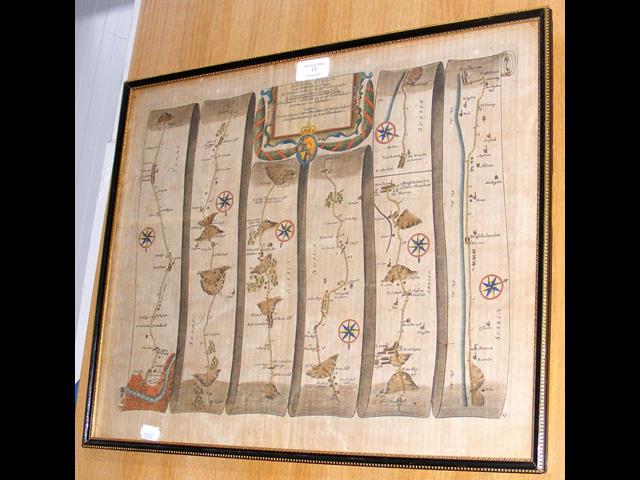 An early hand coloured map by JOHN OGILBY - "The Road from