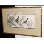 Antique painting on rice paper of birds in blossom