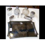 Selection of silver top scent bottles, pin dishes