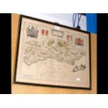 An early hand coloured map of Sussex with scriptur