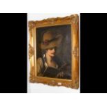 A 19th century oil on canvas of lady wearing hat,