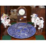 Edwardian mantel clock, together with pottery cows