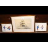 Paintings on rice paper, together with a ship pict