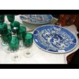 Oriental plate, together with six green glasses