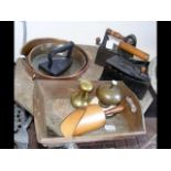 Antique flat irons, copper pans