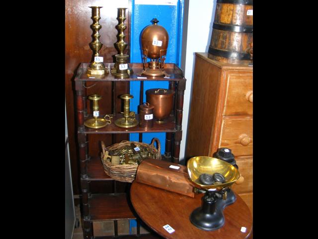 Set of old kitchen scales, together with other met