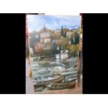 A modernist oil on canvas of Mediterranean harbour