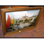An oil on canvas of "The Harbour and Town of Mento