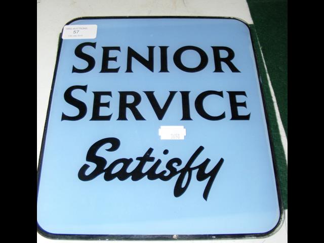 Old glass "Senior Service Satisfy" advertising