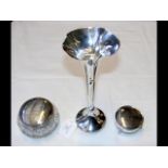 Silver trumpet vase, powder pot and trinket box