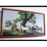 A large oil on canvas of horses in woodland settin
