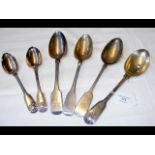 Four silver serving spoons, together with two silv