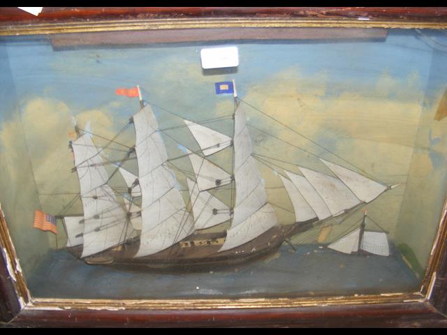 Victorian diorama of three masted ship - framed an