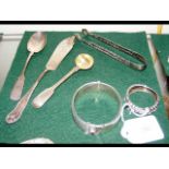 Silver sugar tongs, bracelet, etc.