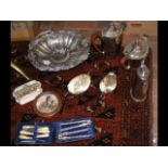 A silver plated fruit bowl with swing handle, toge