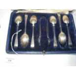 Cased set of six silver teaspoons with sugar tongs