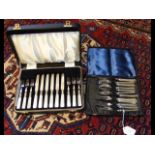 Cased set of silver fruit knives and forks, togeth