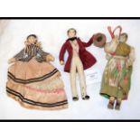 Three antique handmade cloth dolls - 16cm in lengt