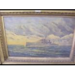 Antique oil on canvas of British Naval Battleship