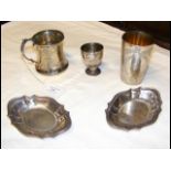 A pair of silver pin dishes, tankard, etc.