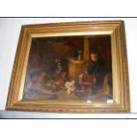 Antique oil on canvas - seated Scotsman playing ba